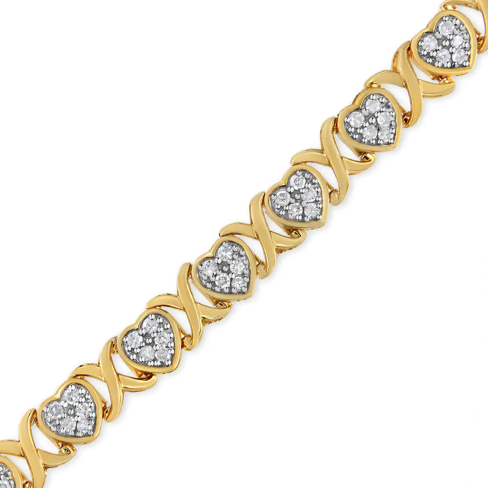 14KY Yellow Gold Plated .925 Sterling Silver 1.00 Cttw Diamond Heart and X Link Bracelet (I-J Color, I3 Clarity) - 7.25" Inches - Puritific