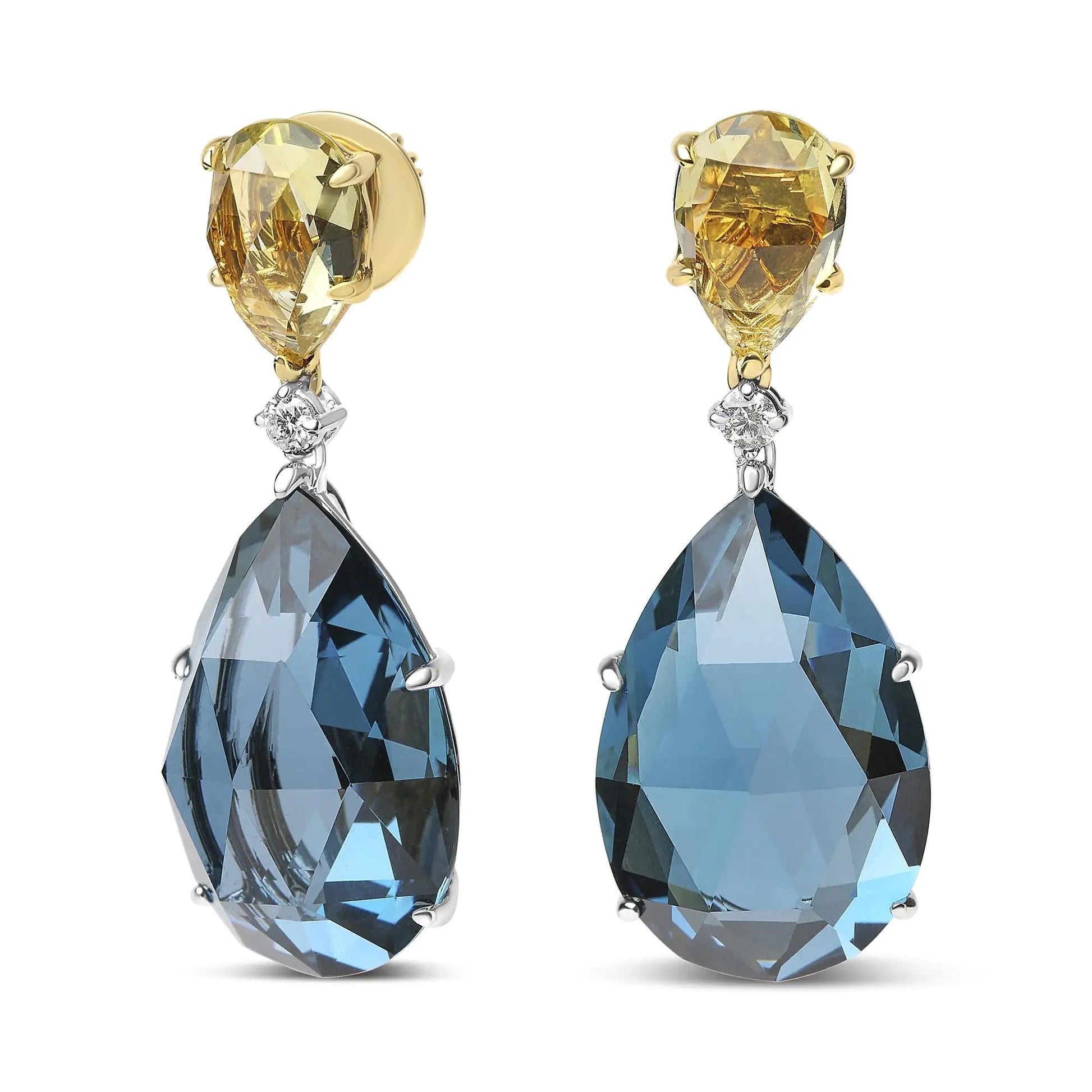 18K White and Yellow Gold 1/5 Cttw Diamond with Pear Cut Lemon Quartz and Pear Cut London Blue Topaz Gemstone Dangle Earring (G-H Color, SI1-SI2 Clarity) - Puritific