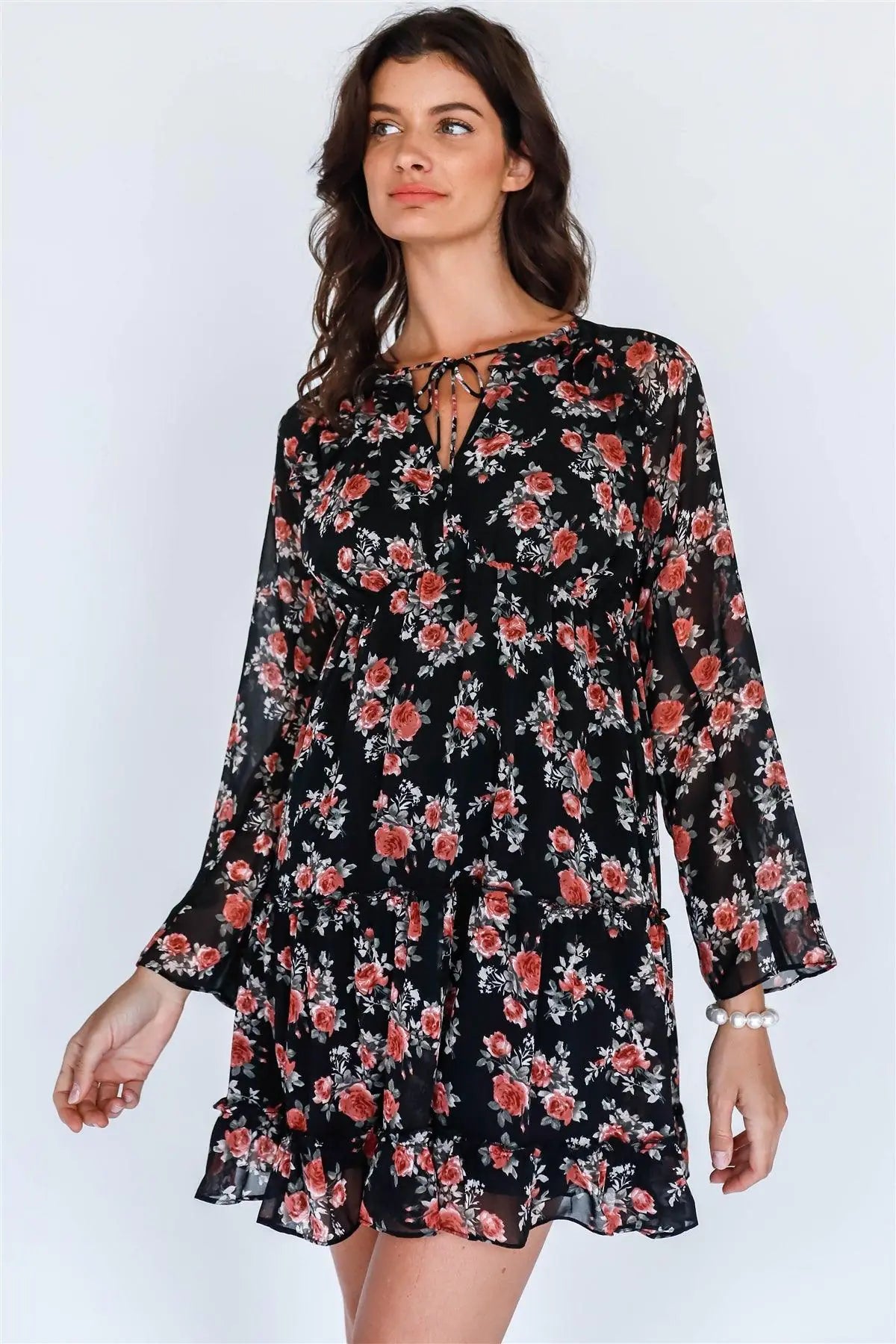 Black Multi Floral Print Long Sleeve Mini Dress /1-3-2 - Puritific