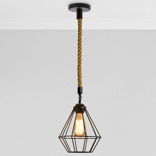 Vintgae E27 Industrial Pendant Retro Cage Edison Hemp Rope Ceiling Light Fixture~2026-0