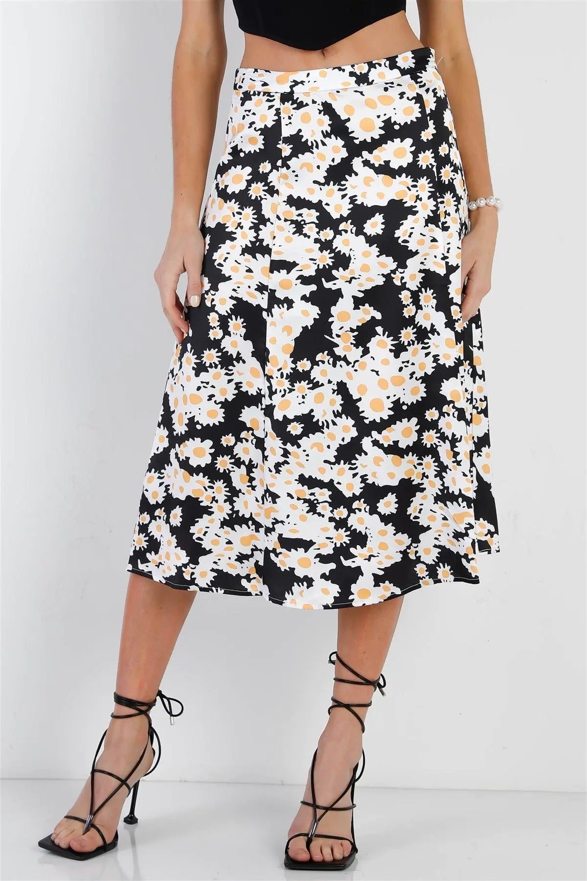 "Daisy" Print Black Multi Color Satin Effect Midi Slip Skirt /1-3-2 - Puritific