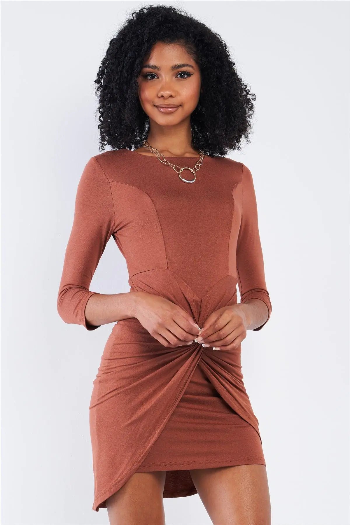 Asymmetrical Tight Fit Midi Sleeve Round Neck Front Twist Wrap Detail Mini Dress - Puritific