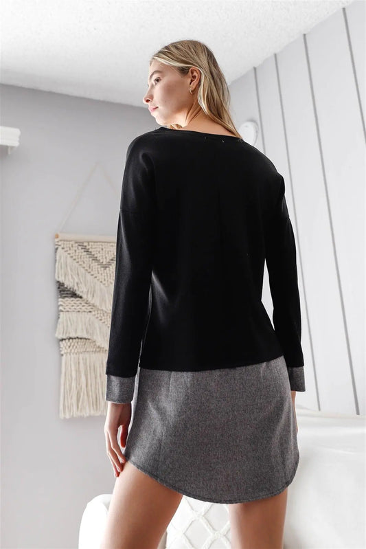 Black Knit Combo Long Sleeve Sweater Dress /2-2-2 - Puritific