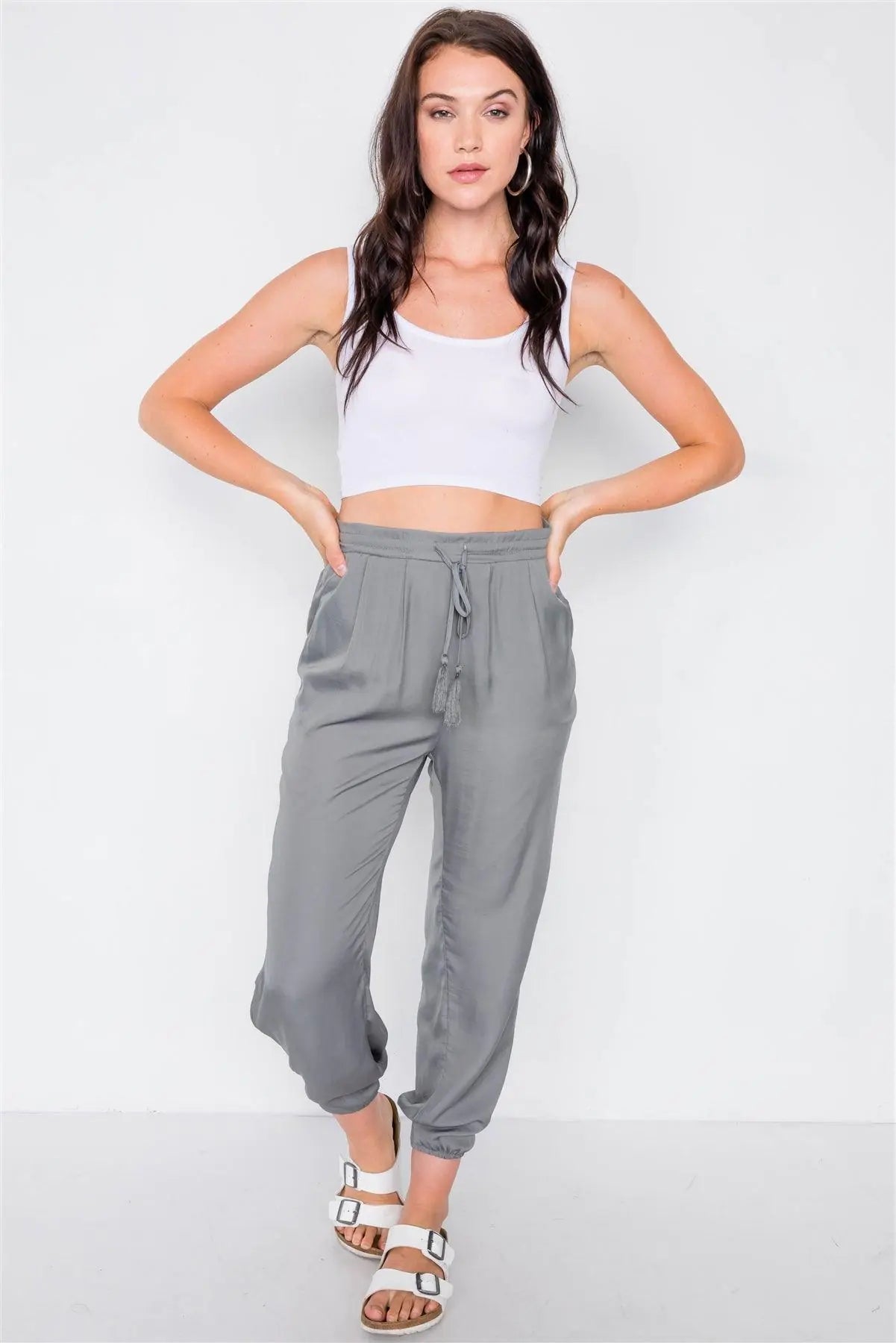 Ash Olive High Slit Satin Harem Ankle Pants /3-2-1 - Puritific