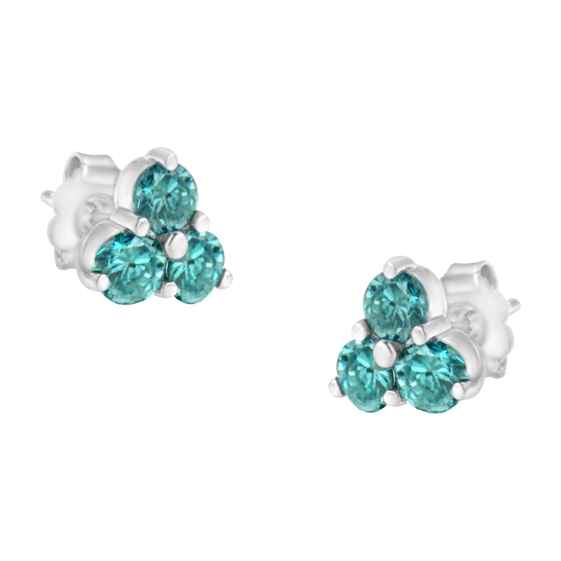 14KT White Gold Treated Blue Diamond Trio Stud Earrings (1 1/3 cttw, Blue) - Puritific