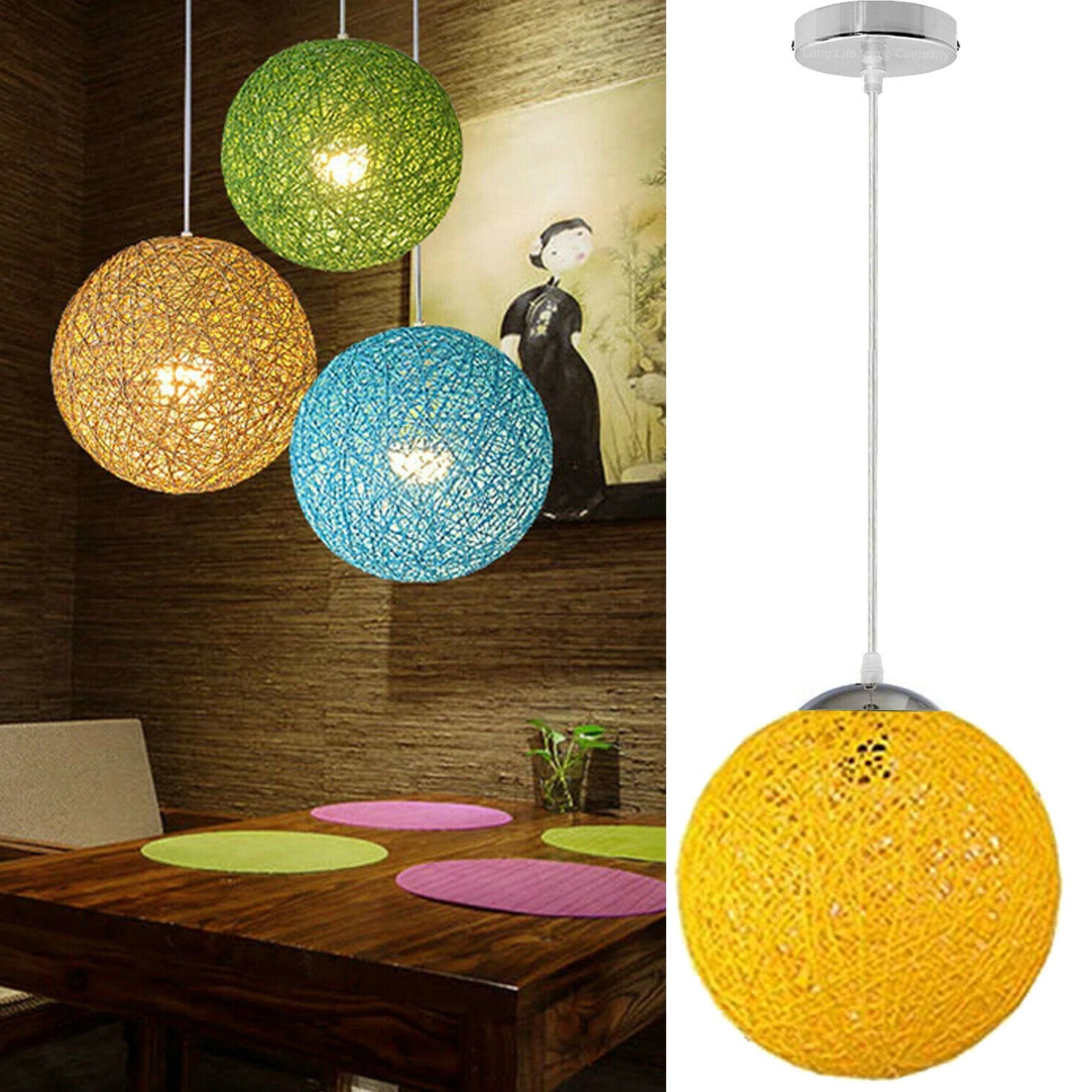 Yellow Modern Lattice Wicker Rattan Globe Ball Style Ceiling Pendant Light Lampshade~1813-4