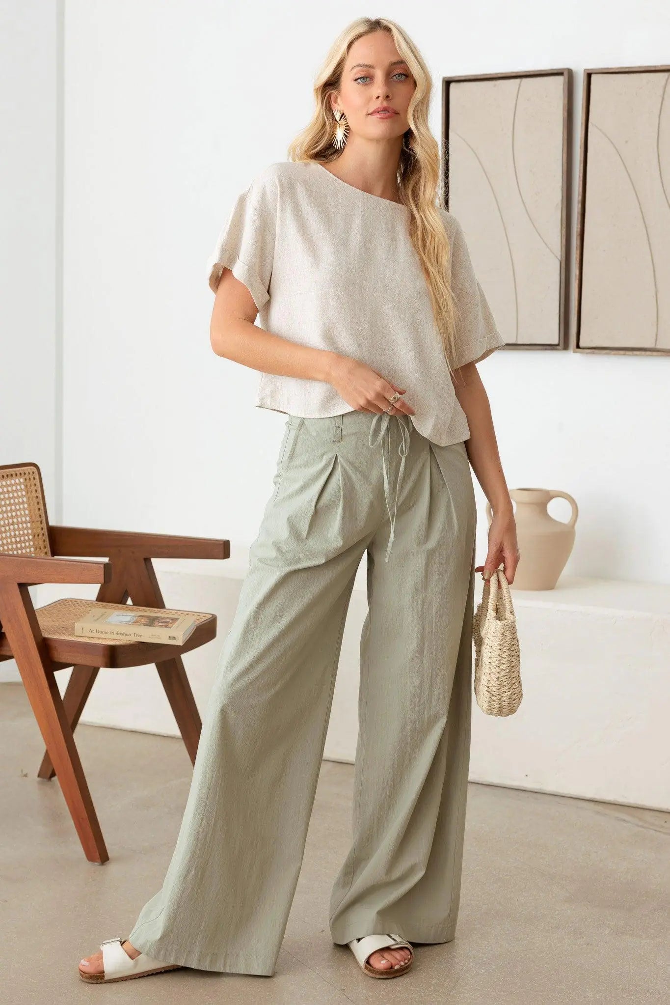 Pleated Front Tie High Waist Wide-Leg Pants