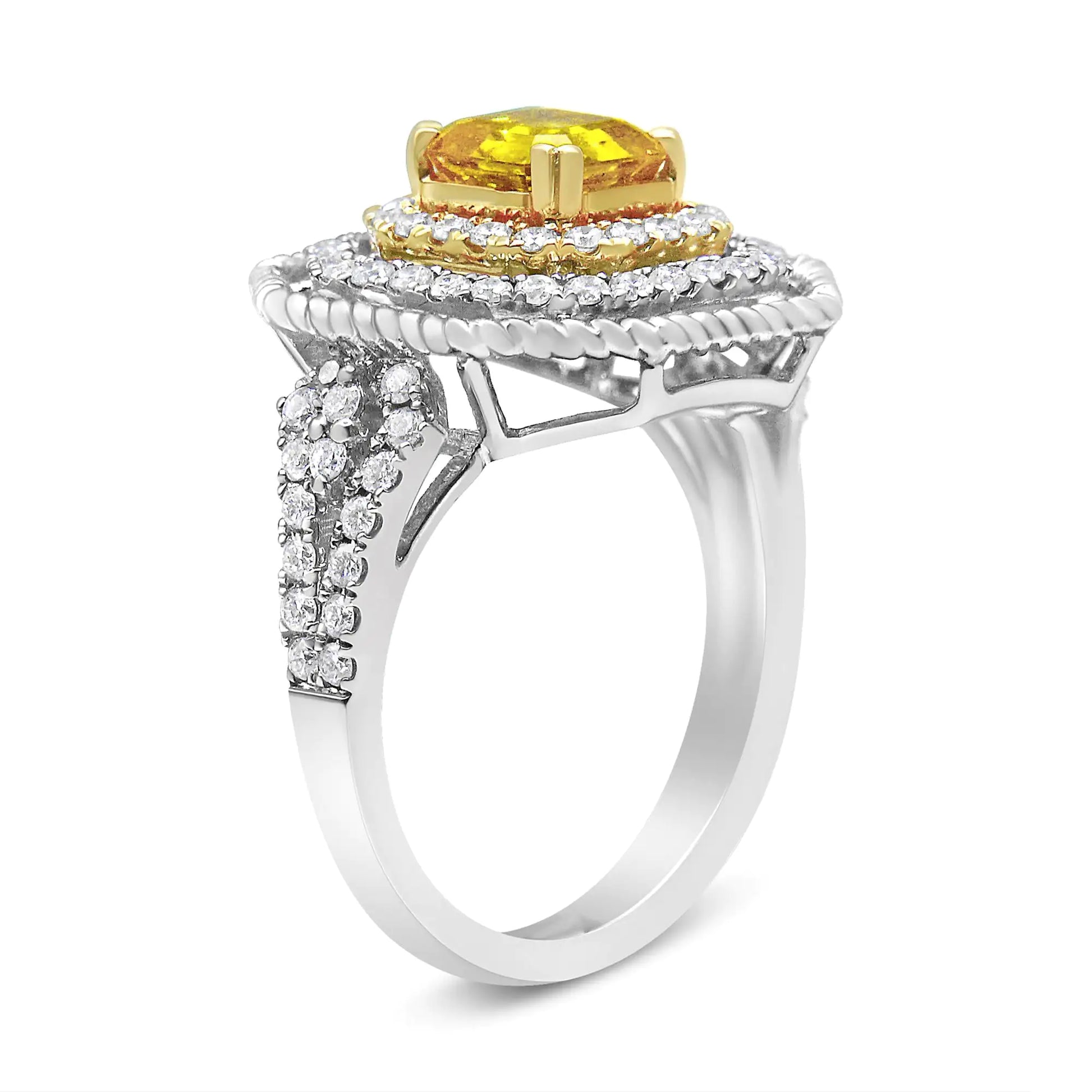 18K White and Yellow Gold 2 1/5 Cttw Lab Grown Yellow Asscher Diamond Double Halo Art Deco Cocktail Ring (Yellow/G-H Color, VS1-VS2 Clarity) - Puritific