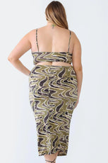 Olive Plus Size Printed Bow Cut-Out Sleeveless Midi Dress