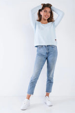 Baby Blue Long Sleeve Scoop Neck Lace Up Back Top - Puritific