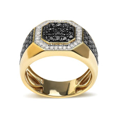 Men's 14K Yellow Gold Plated .925 Sterling Silver 1 1/4 Cttw White and Black Diamond Signet Style Band Ring (Black / I-J Color, I2-I3 Clarity) - Puritific