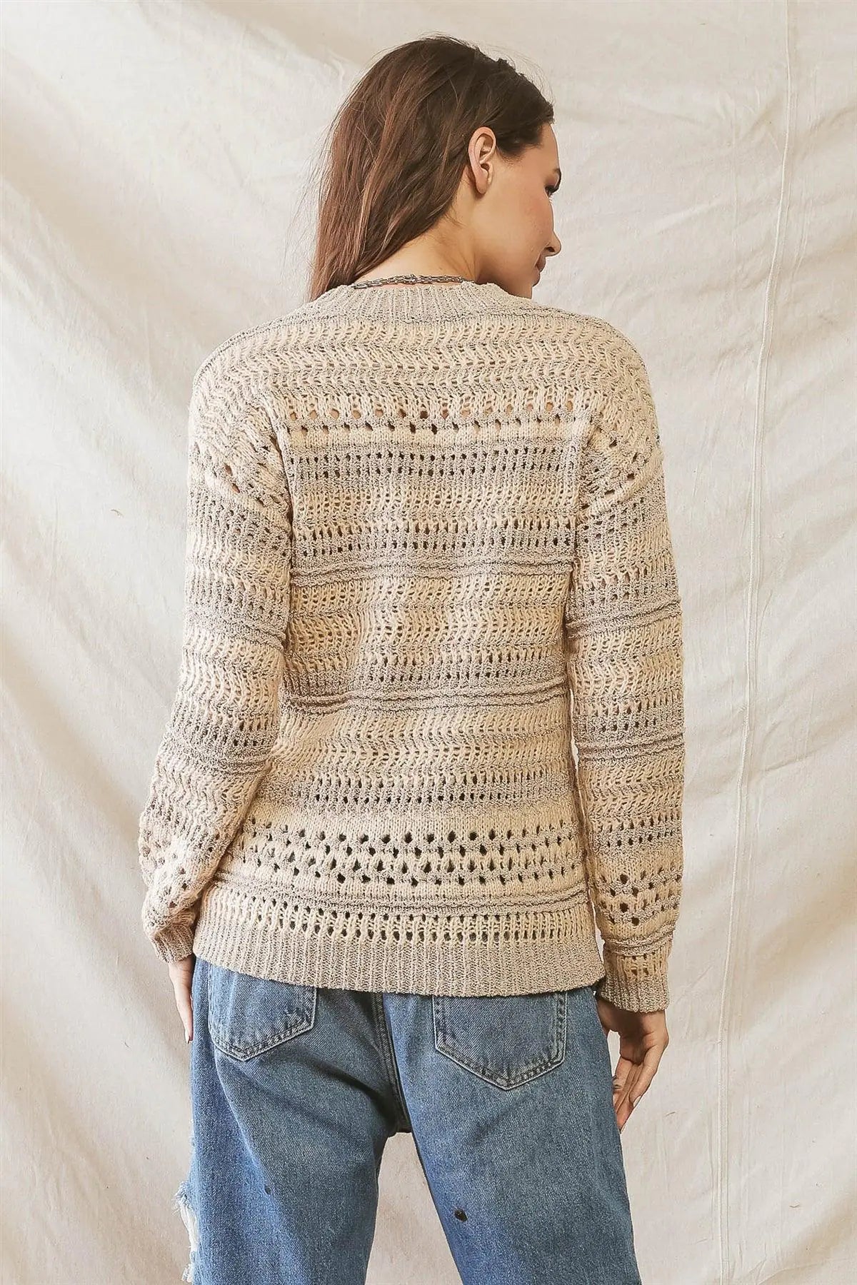 Beige Knit Crew Neck Long Sleeve Sweater /2-3-1 - Puritific