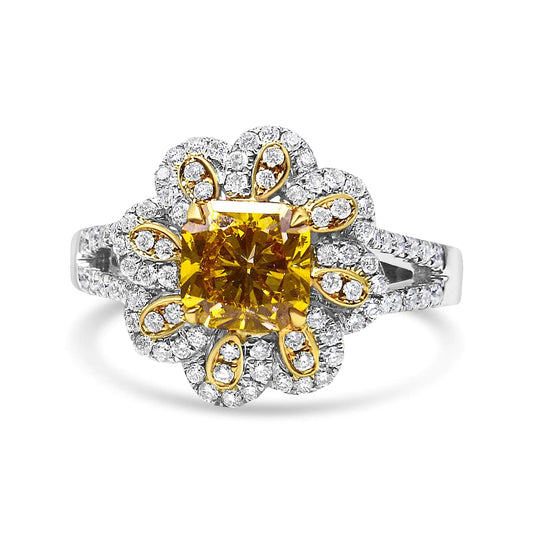 18K White and Yellow Gold 2.17 Cttw Yellow Radiant Lab Grown Center Diamond Flower Ring (Yellow/G-H Color, VS1-VS2 Clarity) - Puritific