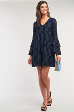 Black&Blue Long Sleeve V-Neck Lace Mesh Embroidery Layered Mini Dress /2-1-2 - Puritific