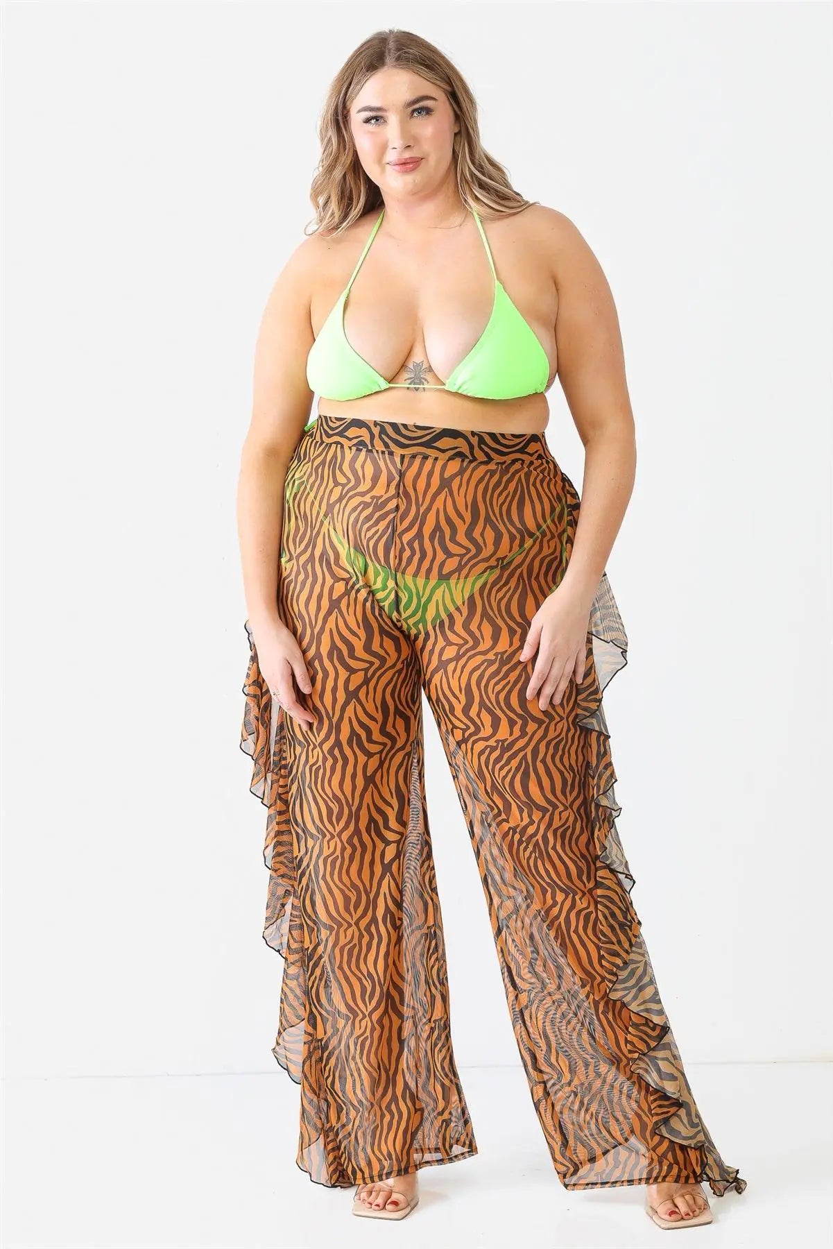 Tiger Animal Print Mesh High Waist Sexy Ruffle Pants