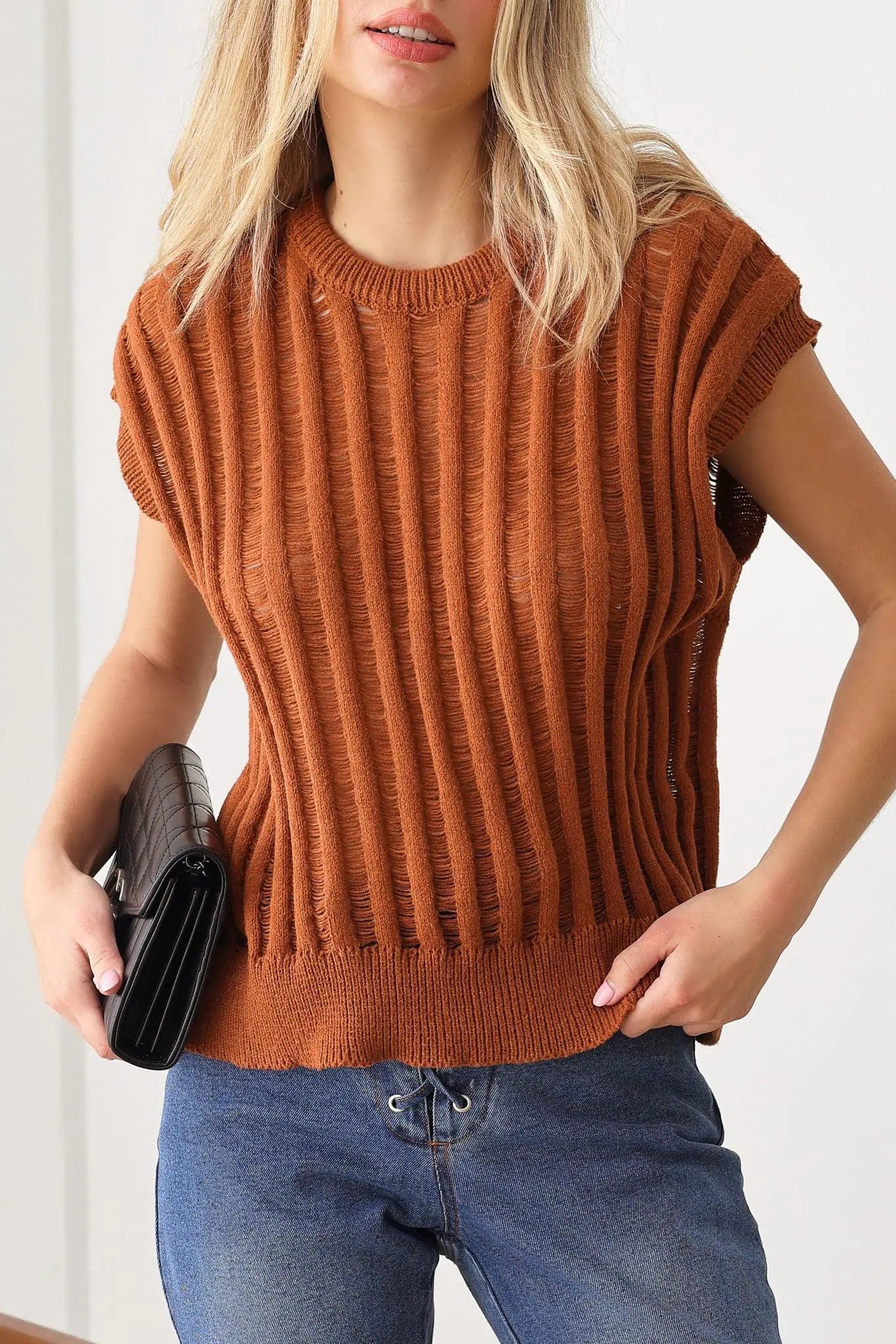 Oversize Sleeveless Ladder Stitch Ribbed Sweater Top