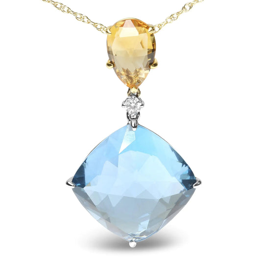 18K White and Yellow Gold Diamond Accent and Pear Cut Lemon Quartz and Cushion Cut London Blue Topaz Gemstone Dangle Drop 18" Pendant Necklace (G-H Color, SI1-SI2 Clarity) - Puritific