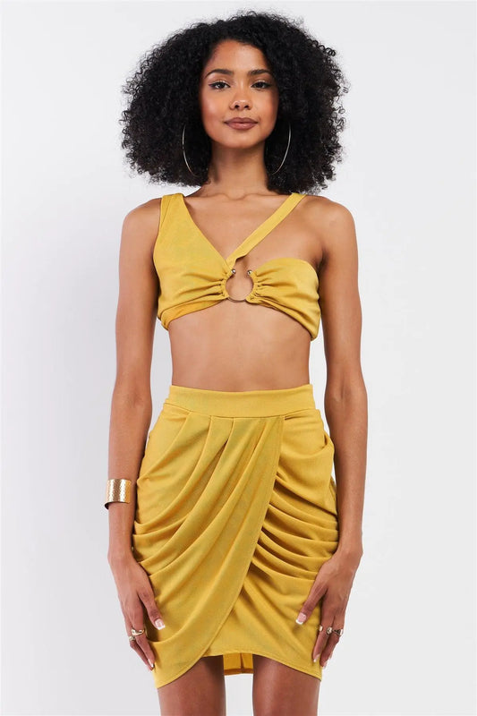 Pineapple Yellow Sleeveless Circular Barbell Ring Detail Asymmetrical Bustier Top & High Waisted Gathered Tulip Skirt Set /3-2-1