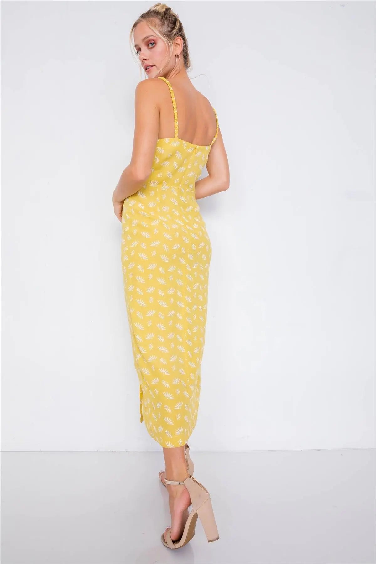 Yellow Feather Floral Print Square Neck Accordion Cami Dress /4-2-1