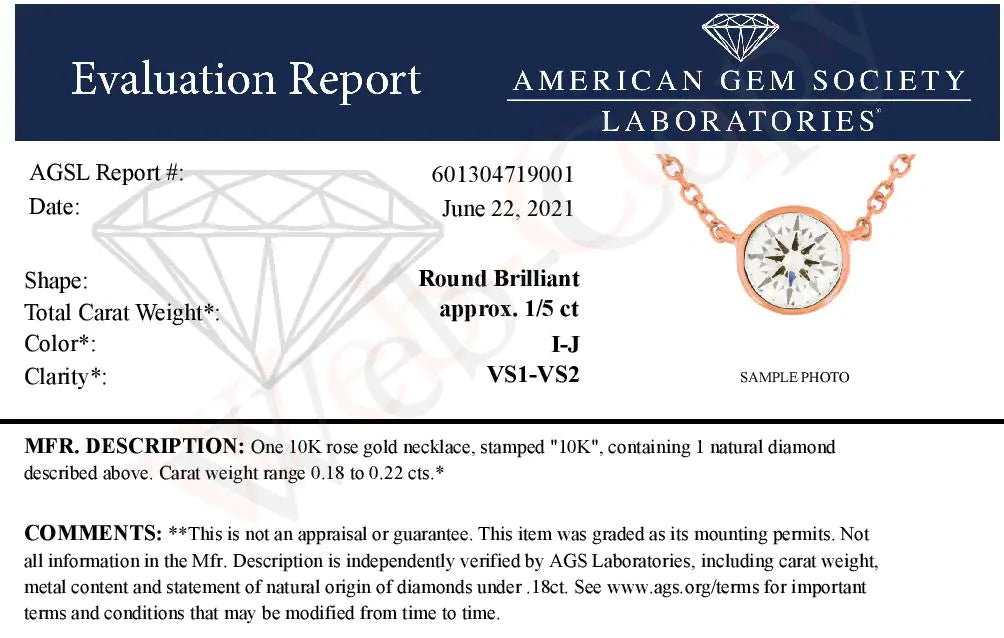 AGS Certified 10K Rose Gold 1/5 Cttw Bezel Set Round Diamond Solitaire 16-18" Adjustable Pendant Necklace (I-J Color, VS1-VS2 Clarity) - Puritific