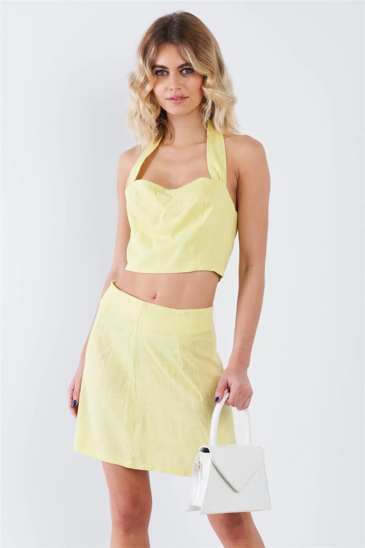 Yellow Smocked Crop Halter & Chic Mini Skirt Set /3-2-1 - Puritific