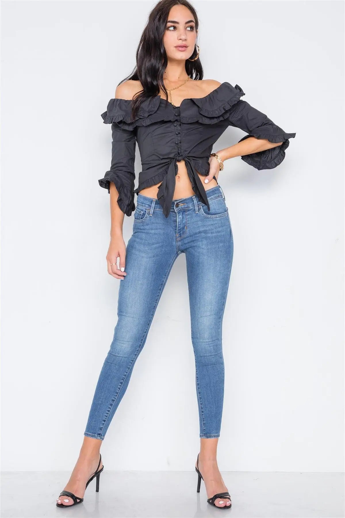 Black Off-The-Shoulder Ruffle Tie Front Crop Top /1-2-2 - Puritific