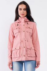 Washed Blush Pink Cotton Front Zip-Up & Button Down Detachable Hood Detail Utility Jacket /1-1-2-2-1 - Puritific