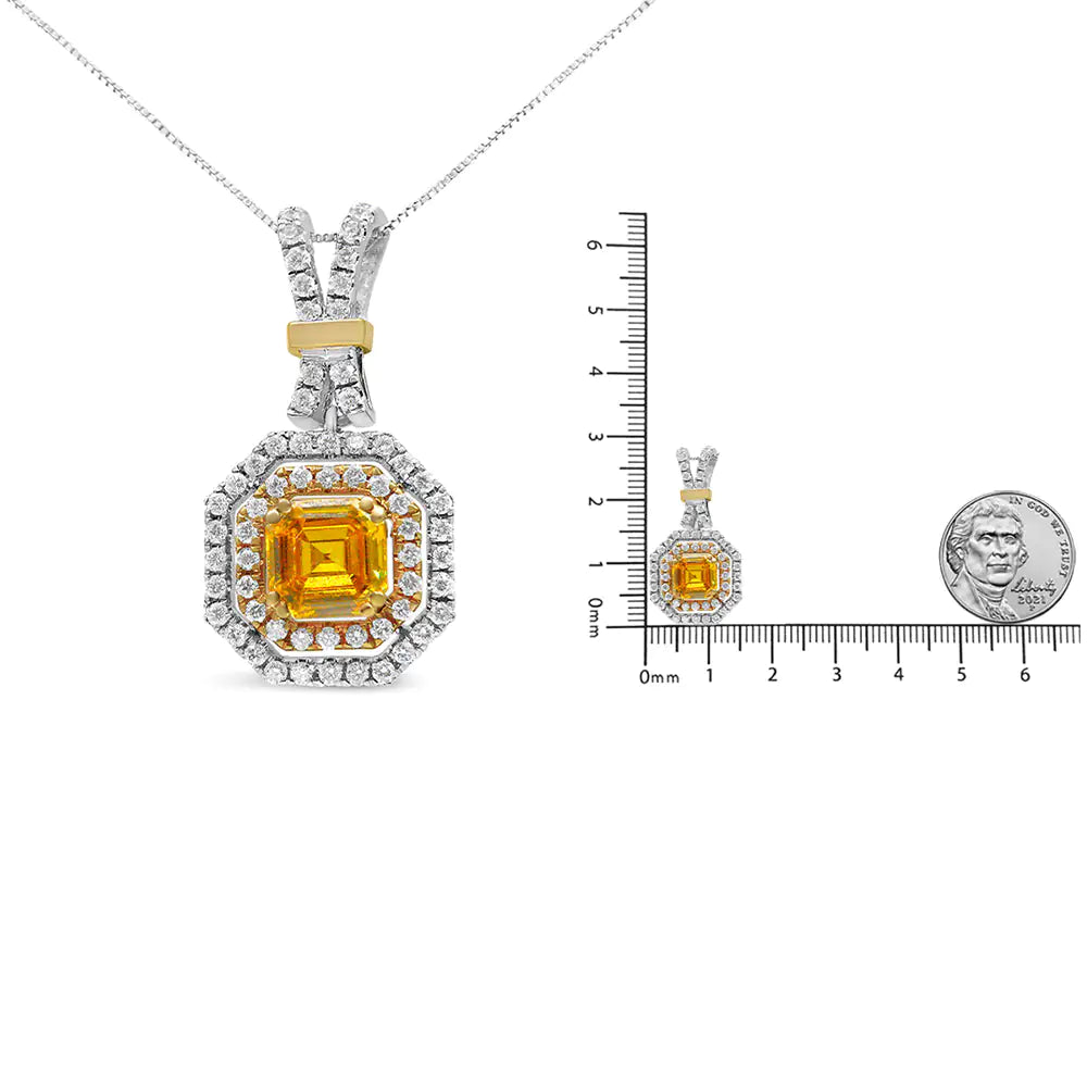 18K White and Yellow Gold 1.75 Cttw Lab Grown Treated Yellow Asscher Center Diamond Halo 18" Pendant Necklace (Yellow/G-H Color, VS1-VS2 Clarity) - Puritific