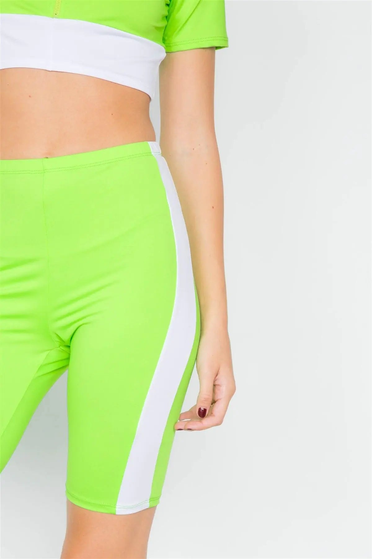 Neon Green & White Contrast Trim Crop Pull Over & Mini Biker Short Set /3-2-1