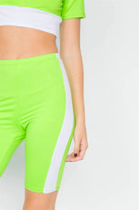 Neon Green & White Contrast Trim Crop Pull Over & Mini Biker Short Set /3-2-1