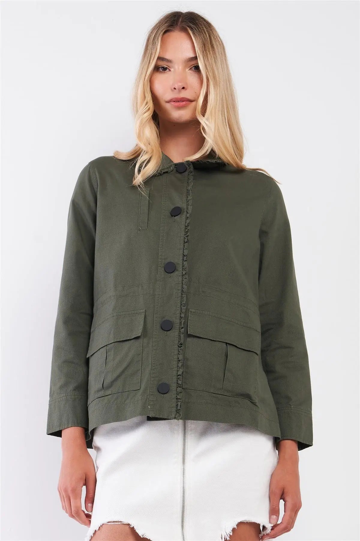 Olive Frill Trim Babydoll Collar Button-Down Front Adjustable Fitness Summer Jacket /1-2-2