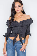 Black Off-The-Shoulder Ruffle Tie Front Crop Top /1-2-2 - Puritific