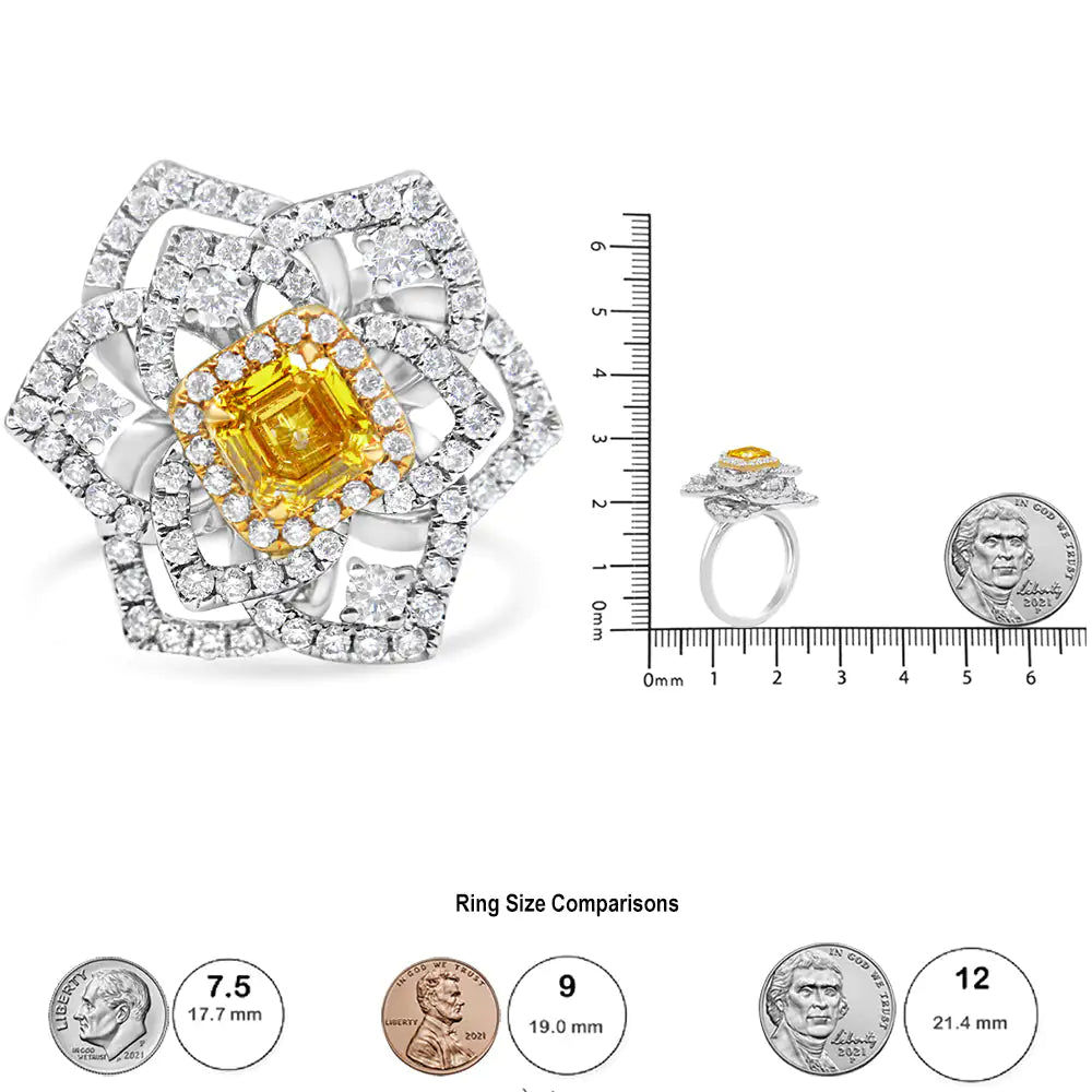 18K White and Yellow Gold 1.75 Cttw Yellow Asscher Lab Grown Center Diamond Floral Cluster Ring (Yellow/G-H Color, VS1-VS2 Clarity) - Puritific