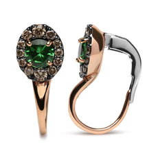 18K Rose and White Gold 3/8 Cttw Round Brown Diamonds and Round Green Tsavorite Gemstone Halo Drop Hoop Earrings (Brown Color, SI1-SI2 Clarity) - Puritific