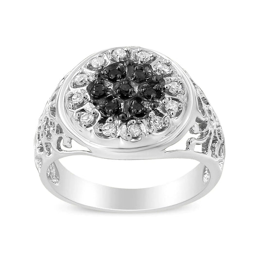 .925 Sterling Silver 1/4 Cttw White and Black Treated Diamond Halo Cluster Ring for Men (I-J Color, I3 Clarity) - Puritific