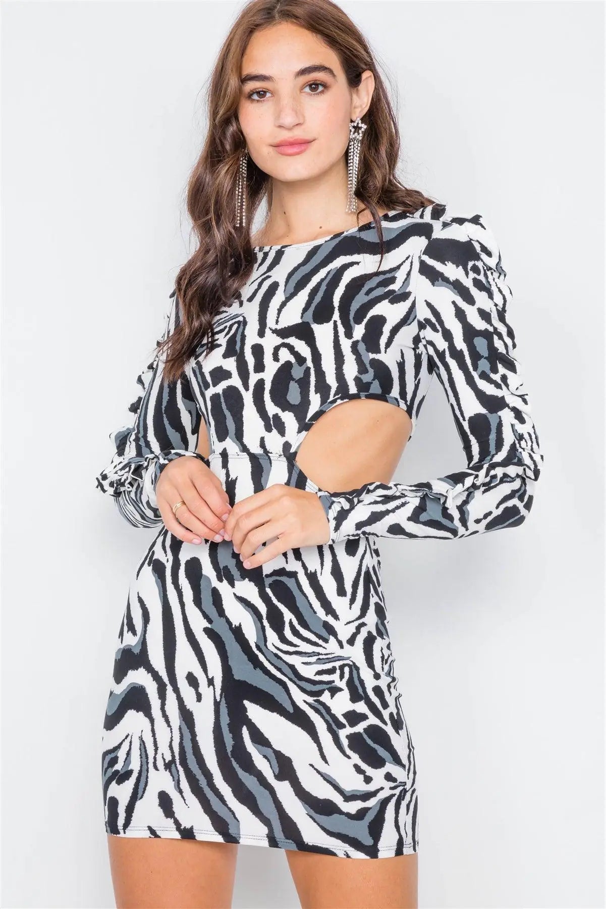 Zebra Cut-Out Flounce Sleeve Trim Mini Dress /2-3-2 - Puritific