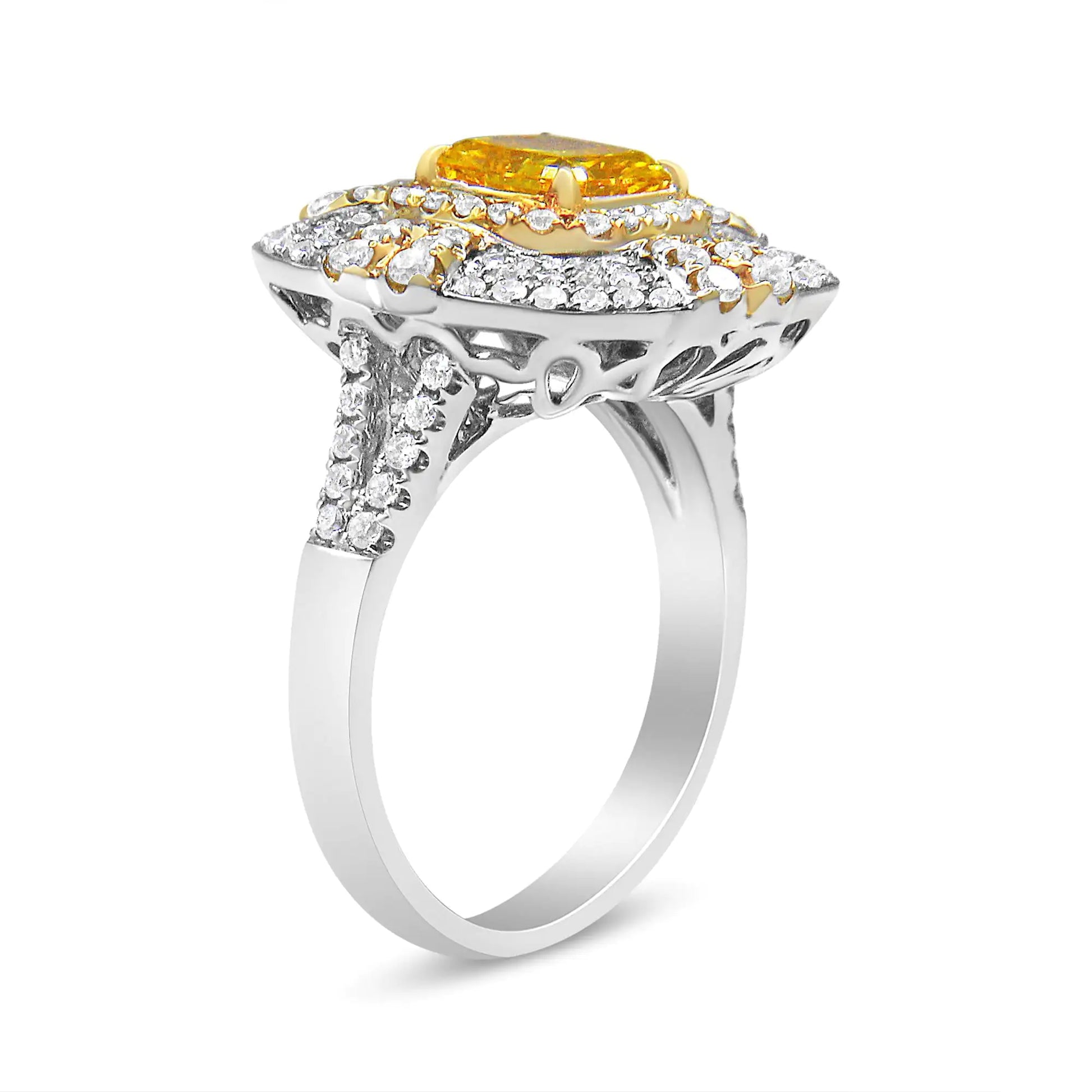 18K White and Yellow Gold 2.15 Cttw Yellow Radiant Lab Grown Center Diamond Halo Framed Cocktail Ring (Yellow/G-H Color, VS1-VS2 Clarity) - Puritific