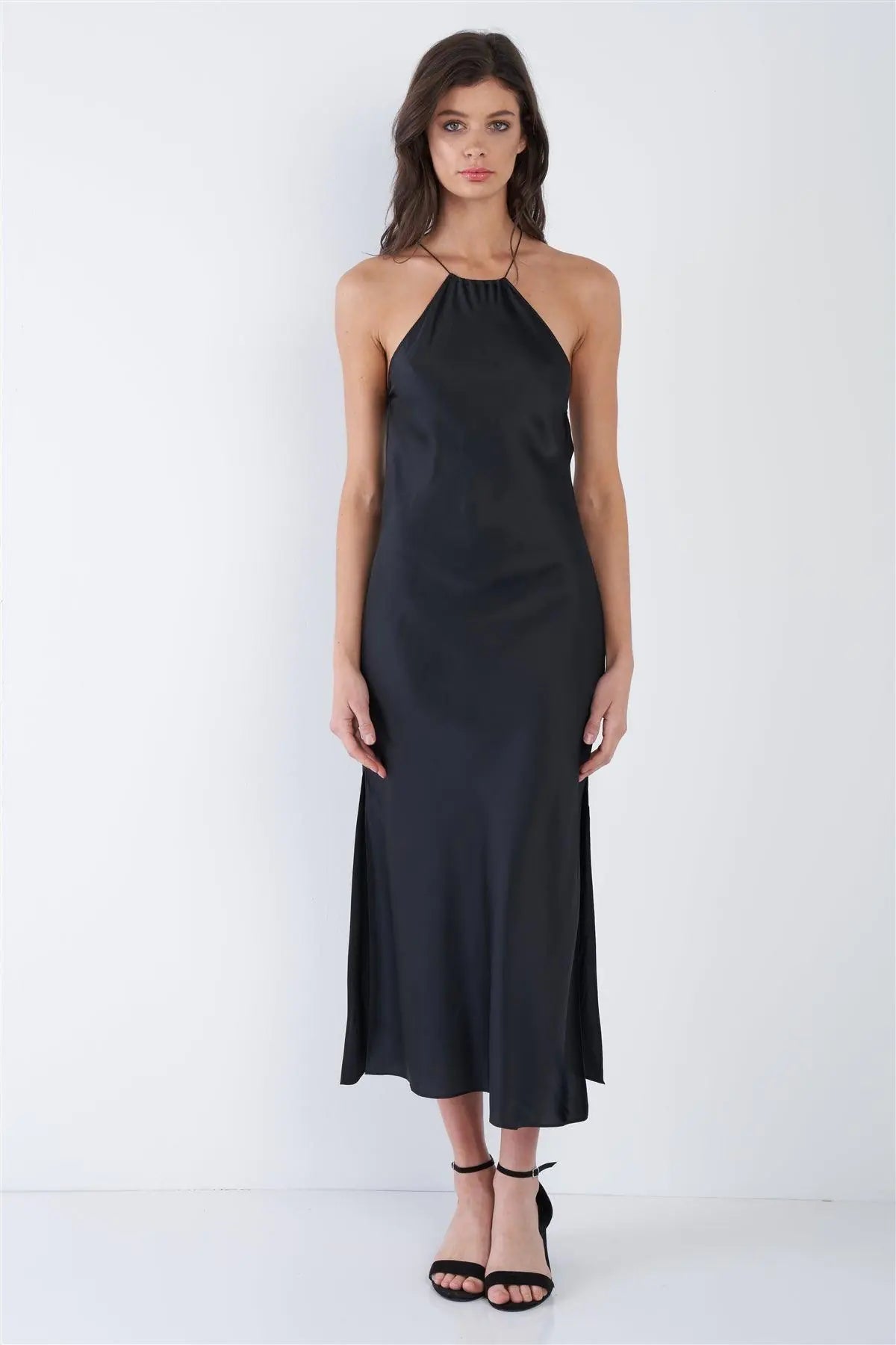 Black Silk Halter Side Slit Criss-Cross Open Back Midi Dress /2-2-1 - Puritific