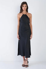 Black Silk Halter Side Slit Criss-Cross Open Back Midi Dress /2-2-1 - Puritific