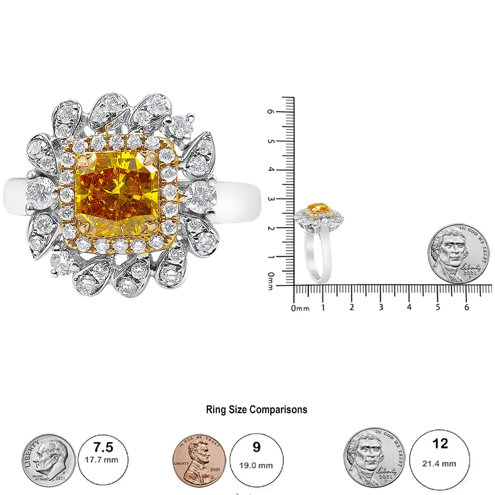 18K White and Yellow Gold 1.76 Cttw Yellow Radiant Lab Grown Center Diamond Double Halo Cocktail Ring (Yellow/G-H Color, VS1-VS2 Clarity) - Puritific