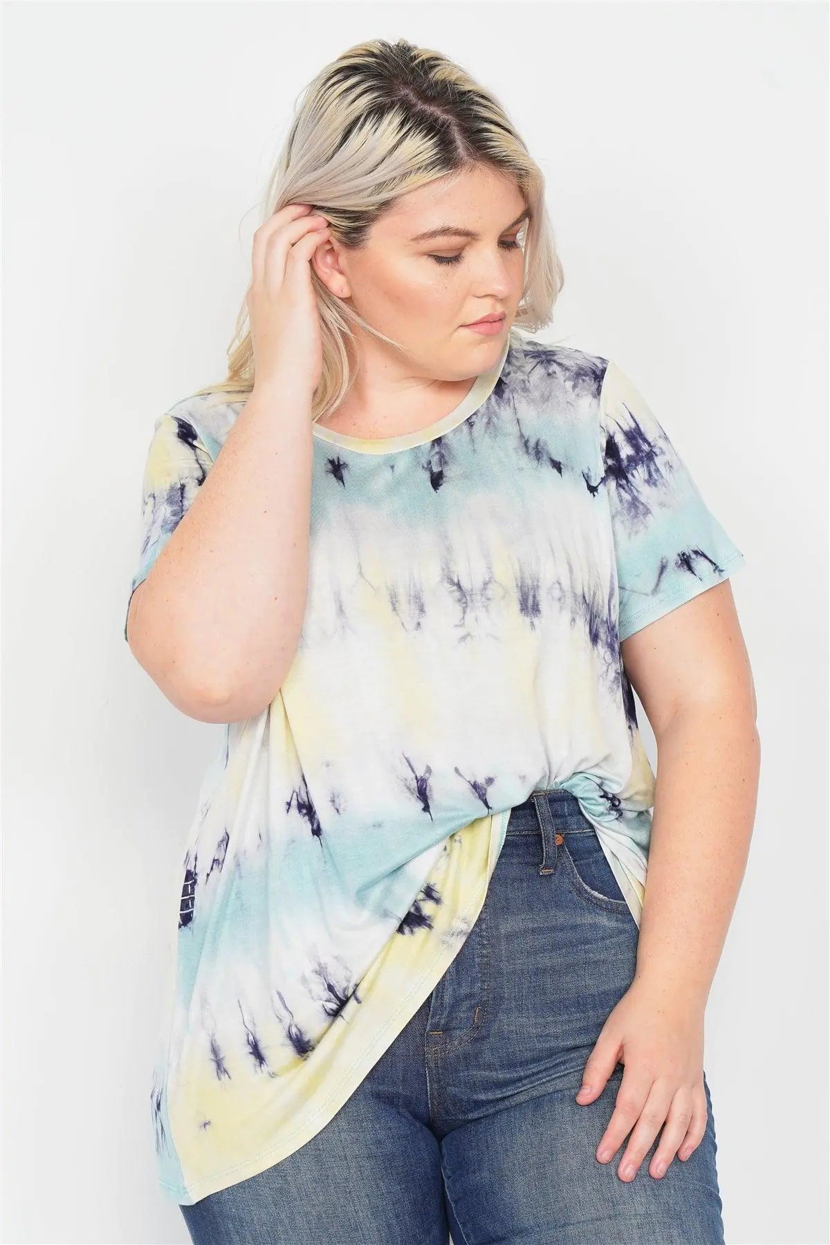 Plus Size Blue Yellow Tie Dye Retro Basic Short Sleeve Top  /2-2-1-1