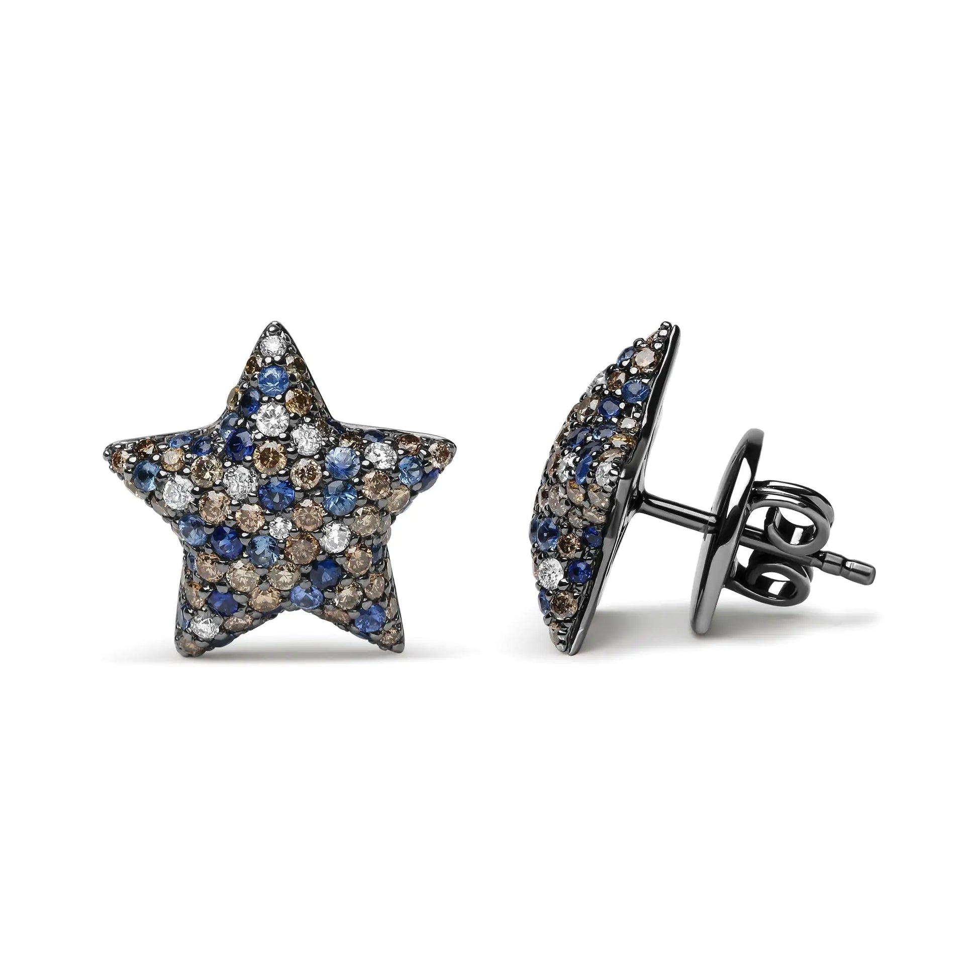 Black Rhodium Plated 18K White Gold 1.00 Cttw Diamond and Round Blue Sapphire Gemstone Micro-Pave Star Stud Earrings (Brown and G-H Color, SI1-SI2 Clarity) - Puritific