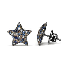 Black Rhodium Plated 18K White Gold 1.00 Cttw Diamond and Round Blue Sapphire Gemstone Micro-Pave Star Stud Earrings (Brown and G-H Color, SI1-SI2 Clarity) - Puritific