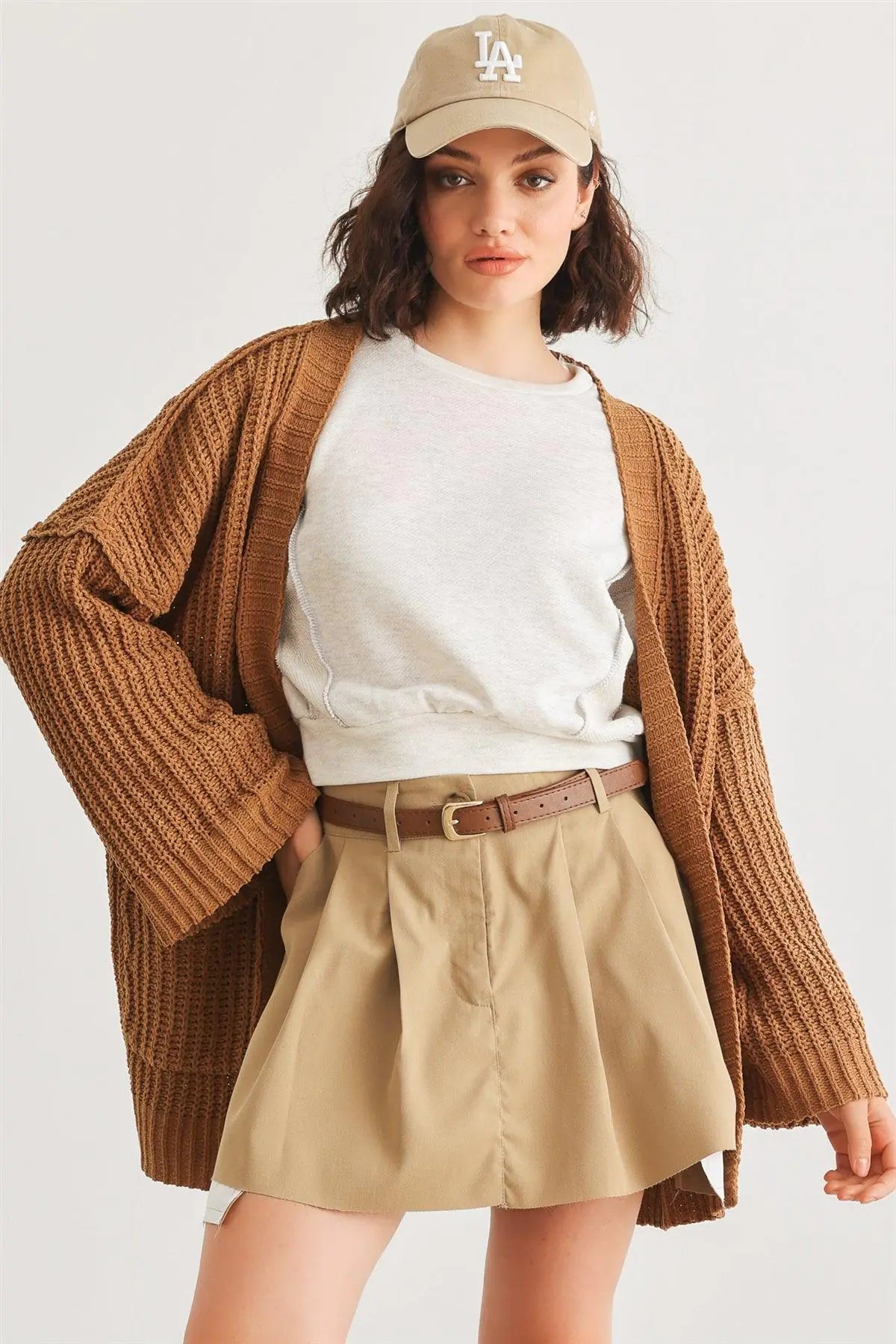 Camel Knit Two Pocket Open Front Cardigan