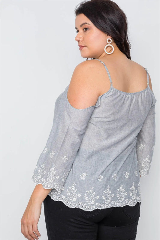 Plus Size Denim Grey Cold Shoulder Floral Embroidery Top /2-2-2