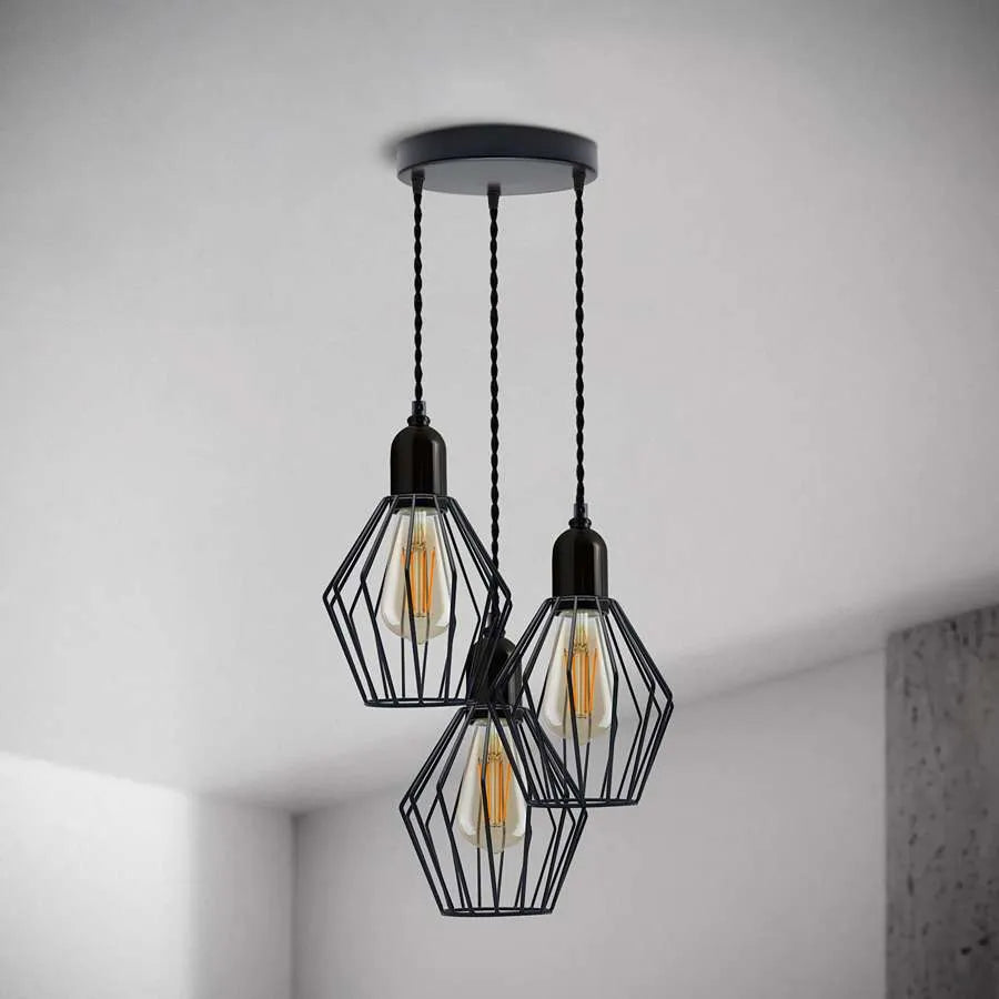 3-Light Cluster Pendant Light Black Cage Lighting fixture~ 5116-0