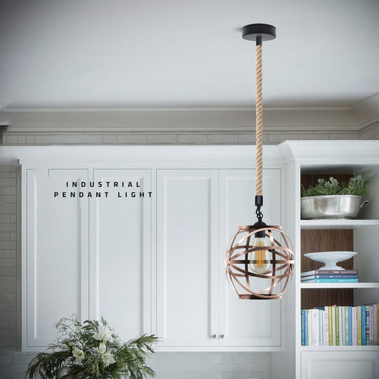 Single Ceiling Hemp Rope Hanging Pendant light with Bulb Guard wire cage light~5089-0