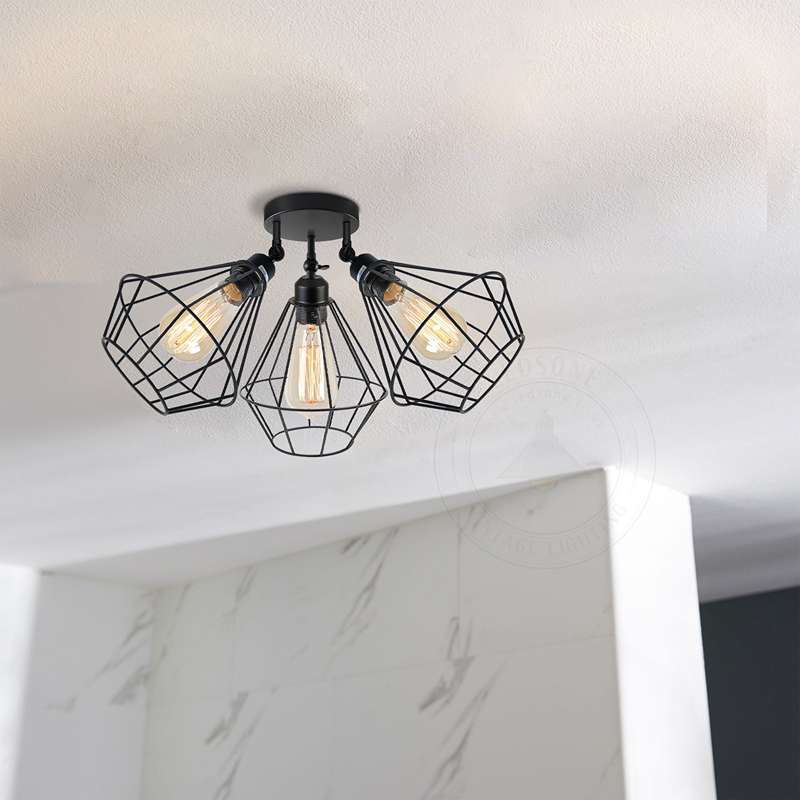 3-way Black Wire Cage Semi-Flush Mount Adjustable Ceiling Light~4988-0