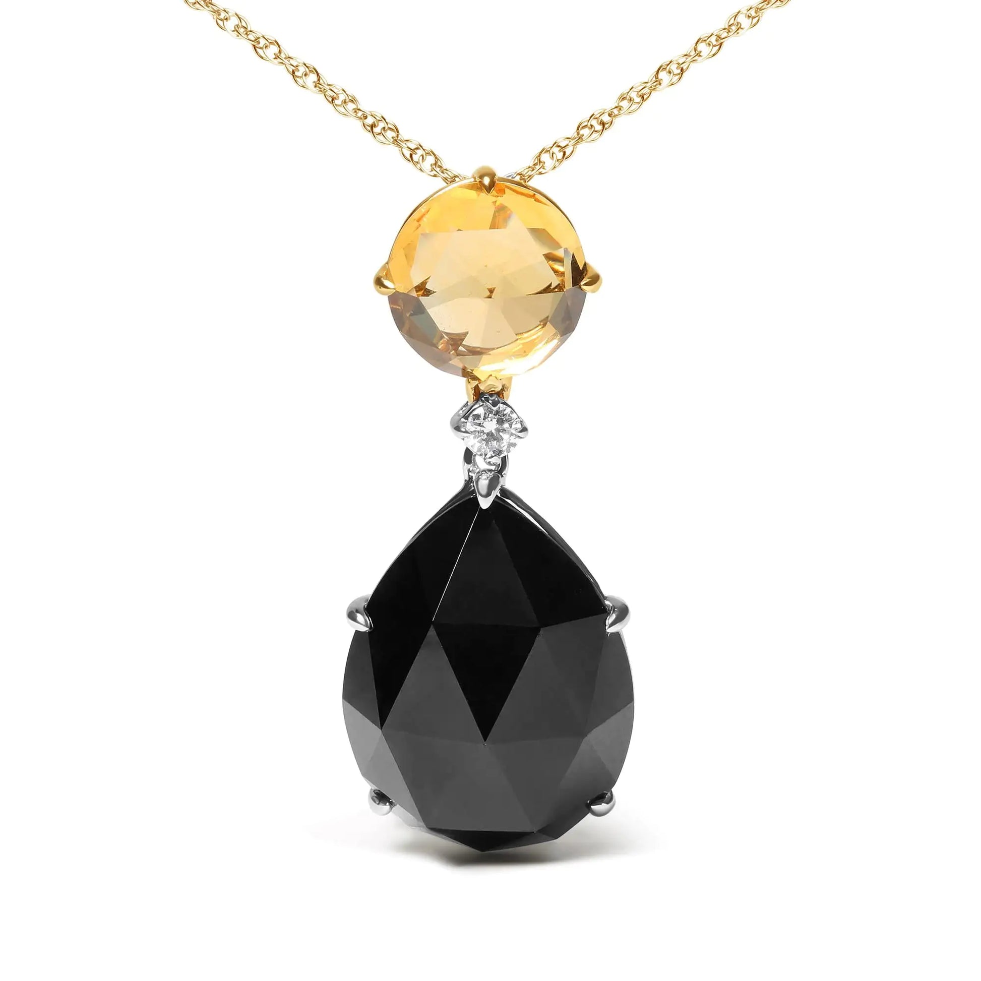 18K White and Yellow Gold Diamond Accent and Round Yellow Citrine and Pear Cut Black Onyx Dangle Drop 18" Pendant Necklace (G-H Color, SI1-SI2 Clarity) - Puritific