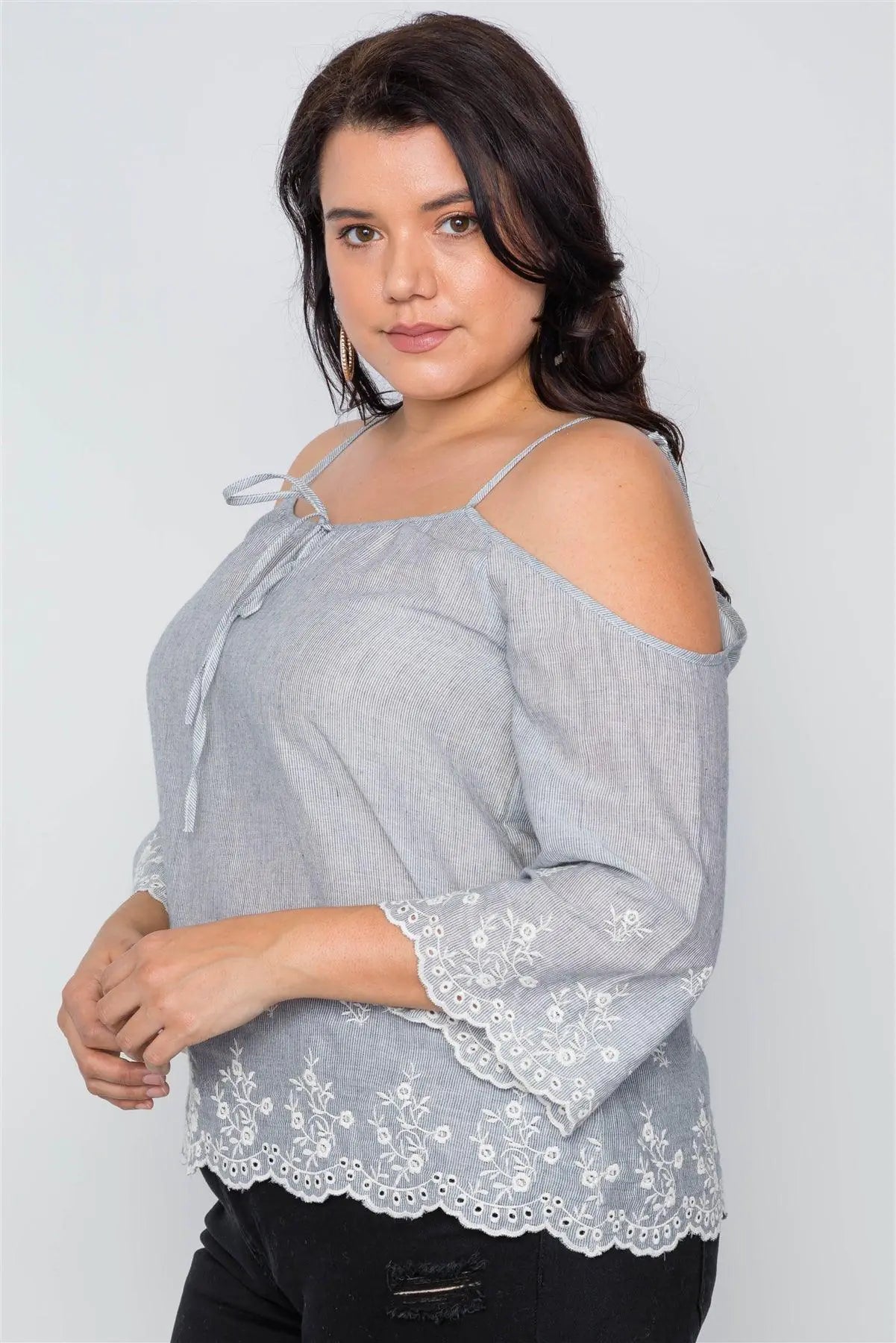 Plus Size Denim Grey Cold Shoulder Floral Embroidery Top /2-2-2